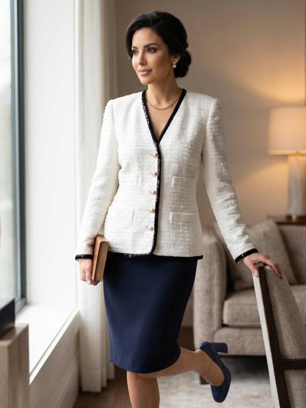 Escada couture White Tweed Jacket with Black Trim & black wool skirt